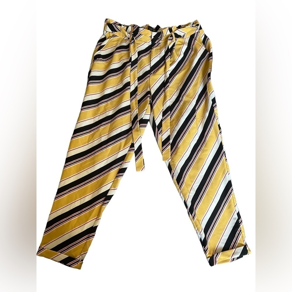 LIKE AN ANGEL Plus Sized Yellow Striped Tapered Pants with Tie Front